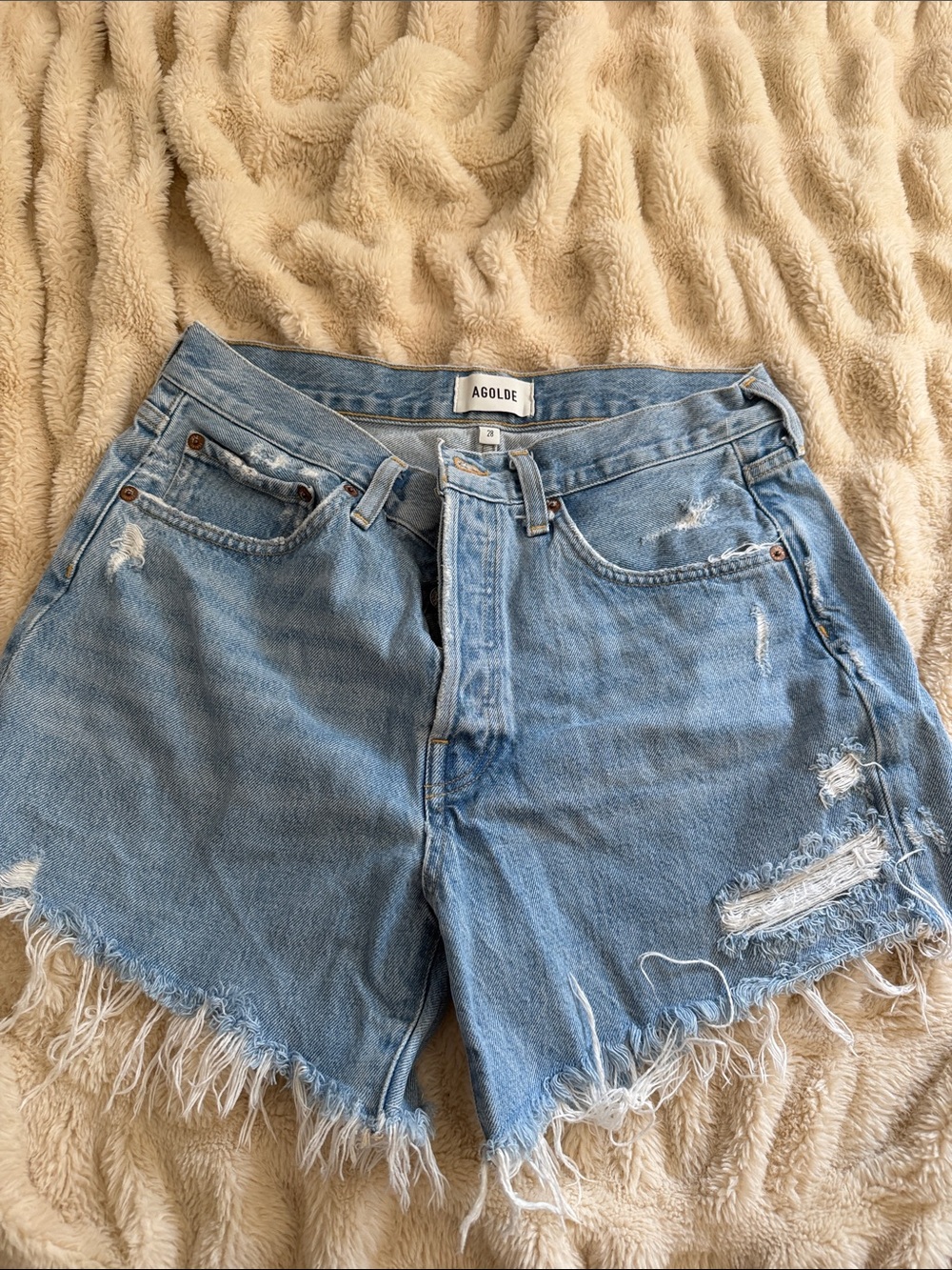 Agolde Light Wash Distressed Denim Shorts